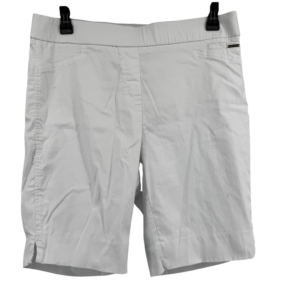 Anne Klein White Pull On Bermuda Shorts Women 1X Elastic Waist Side Slit Stretch